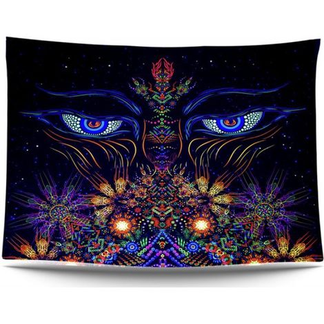 Décoration murale - Yeux et fleurs - Méditation - Tapisserie phosphorescente magique et psychédélique - Décoration murale pour soirée lumière noire - 200 x 150 cm - Fond lumineux UV - Grande tapisseri (1/5)