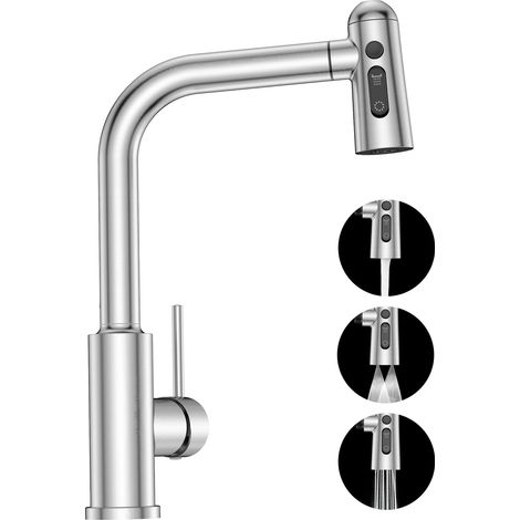 Robinet Cuisine avec Douchette Extensible Mitigeur Rabattable Robinet Evier de Cuisine avec 3 Douchette Modes, 360° Rotatif Inoxydable 1 Trou Robinet Cuisine,Flexible Robinet (1/5)