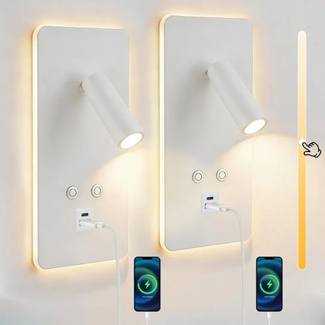 Lot de 2 lampes de lecture murales LED lampe de chevet à intensité variable avec port de chargement USB et jardin terrasse 3 9 (1/5)
