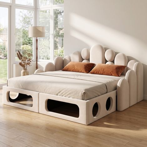 Lit gigogne Rembourré avec niche pour animaux - canapé convertible 2 en 1 en velours beige 180x200 cm - lit double modulable moderne (1/5)