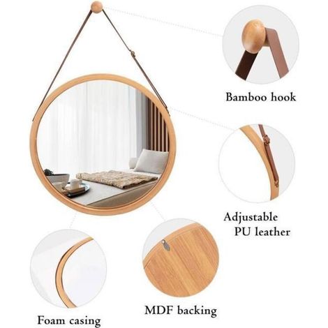 Specchio da parete rotondo da 45 cm, con cornice in bambù naturale e cinghia regolabile, ideale per bagno, camera da letto e soggiorno. (1/3)