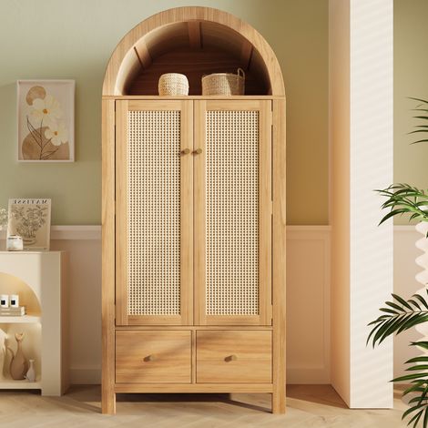 Armoire penderie 2 portes 78x45x181 cm, façades effet cannage, niche ouverte arquée, 2 tiroirs, tringle, fermeture magnétique, bois, effet chêne (1/5)