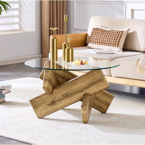 Tavolino rotondo 79x79x45 cm trasparente e effetto legno, piano in vetro, struttura MDF MEUBLIV (1/5)