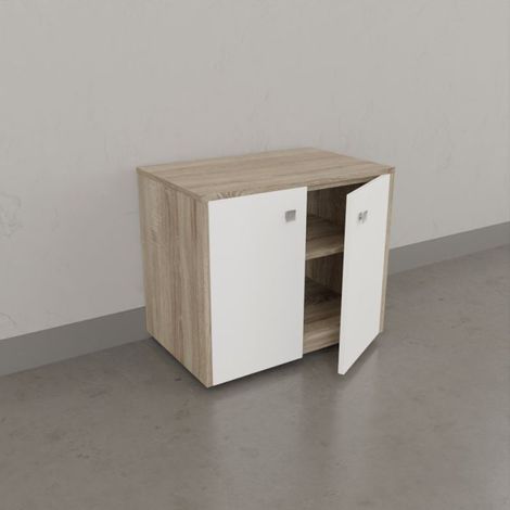 Cuisibane – Caisson roulant 70 cm décor chêne cambrian – 2 portes blanches – Charnières haute qualité avec amortisseur – 4 roulettes pour mobilité (1/6)