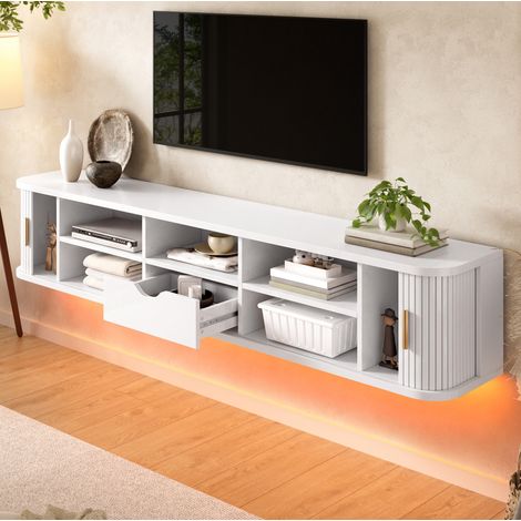 Mueble TV suspendido de MDF de 175 cm, puertas correderas y LED regulable por app, blanco OKMYHOME (1/5)