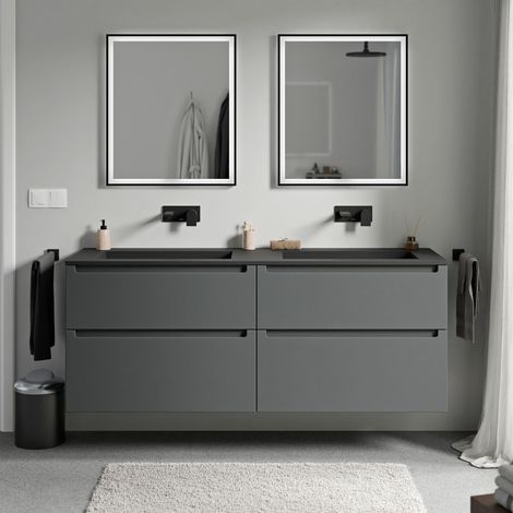 Unterschrank Bernstein VIREO 160cm mit Mineralguss Waschbecken BRUXELLES Badmöbel: Anthrazit matt, Waschbecken: Schwarz matt ohne Hahnloch