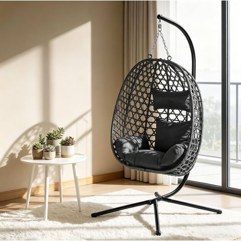 Sillón colgante 105 x 105 x 195 cm antracita, altura regulable, ratán PE y metal MEUBLIV (1/5)
