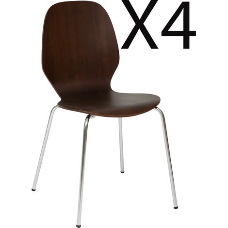 Lot de 4 chaises en bois coloris noyer et pieds en métal argenté - Longueur 49 x Profondeur 54 x Hauteur 82 cm (1/3)