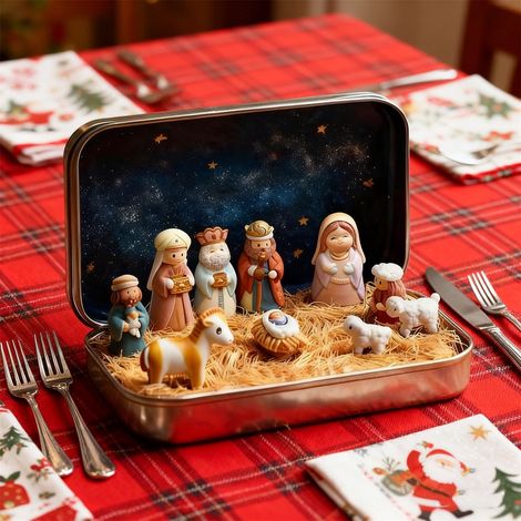Nativity - Figurines Sainte Famille - Boîte Métallique Portable - Décor Religieux Noël - 1 Pièce (1/5)