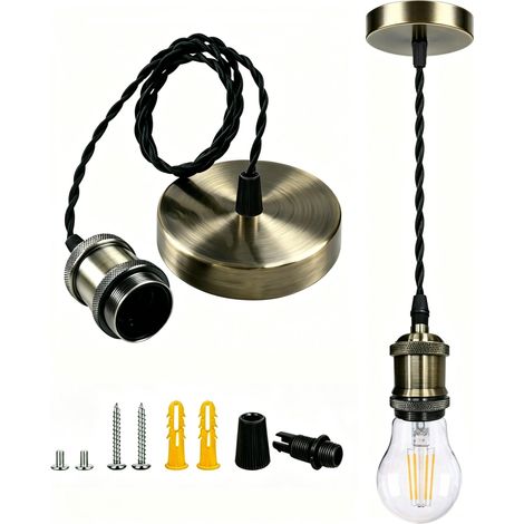 Kit de suspension lumineuse industrielle bronze antique, douille E27, lampe de plafond suspendue ajustable, accessoire à câble rétro Edison vintage pour îlot de cuisine, couloir, salle à manger et bar (1/5)