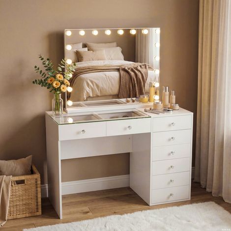 FENCHILIN Tocador con iluminación LED, intensidad regulable, 8 cajones, 120 x 81 x 55 cm, con espejo de maquillaje incluido, blanco