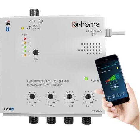 Amplificateur TV - D-Home - Intérieur 4 Sorties 26dB - Connecté - Filtré 4G-5G - App Mobile TV Finder