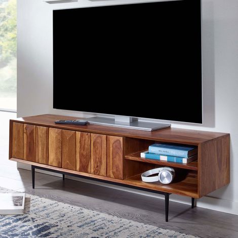 Meuble TV 2 portes 123x35x42 cm en sheesham et pieds en acier (1/5)