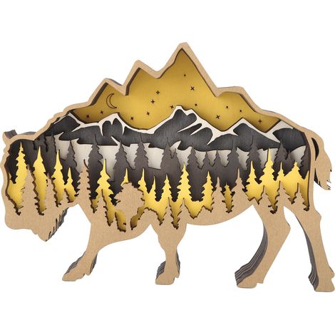 Ornement en bois sculpté 3D, buis, artisanat multicouche, animal creux, décoration de bureau pour Halloween et Pâques, bison (1/5)