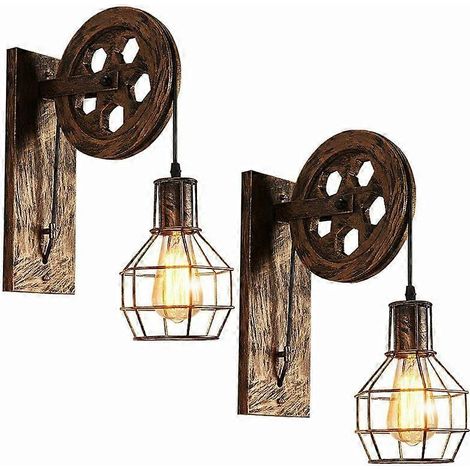 Lot de 2 appliques murales industrielles à poulie, style vintage, pour chambre, salon ou restaurant, en laiton. (1/4)