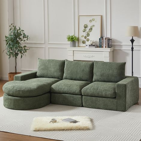 Canapé d'angle modulable en chenille - 251x160x81 cm - 3 places - Méridienne réversible - Sans montage - Confortable - Vert (1/5)