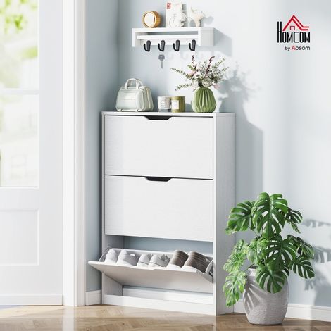 Zapatero con 3 Cajones Abatibles, Almacenamiento para 12 Pares, para Recibidor, Madera, Blanco, 80×17×108 cm (1/5)