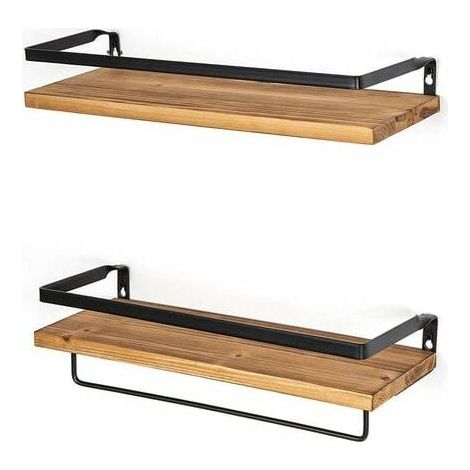 2-tier rustic wooden floating shelf with towel rail (1/5)