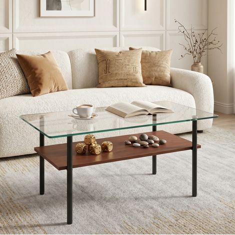Table basse rectangulaire 97,7 x 57,7 x 45 cm en verre et MDF, avec structure en métal noir OKMYHOME (1/5)