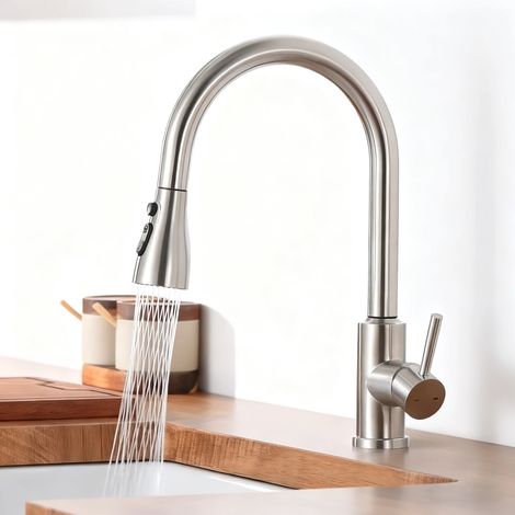 Robinet de cuisine Nickel Brossé,Robinet de Cuisine avec Douchette Extensible Rotatif à 360°.Monocommande Evier Froide et Chaud