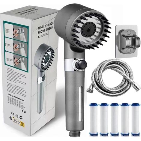 Ensemble de pomme de douche de salle de bain, trois modes commutables, avec tuyau de 1,5 m, 5 morceaux de coton filtrant, base principale perforée (1/5)