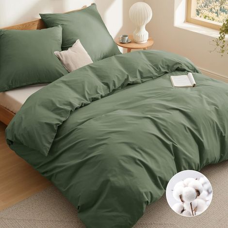 Housse de Couette 240x220-100% Coton 2 Taies 65x65 Vert Olive (1/5)
