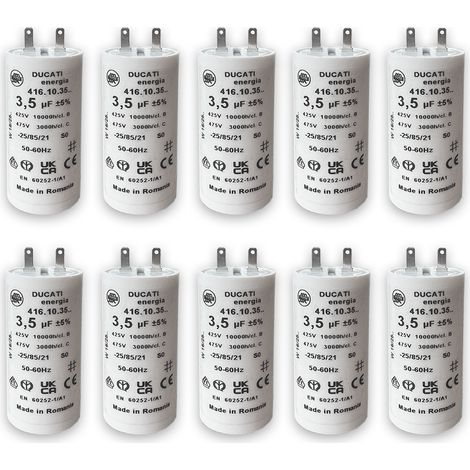 Condensateurs pour réparation de moteur de volet roulant SOMFY, SIMU - Condensateur cylindriques à 2 cosses Faston 2,8 - spécial remplacement - pour moteur de volet. - 3,5 uF - Lot de 10