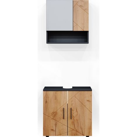 Conjunto de muebles de baño Irma, Oro power roble/antracita, 2 partes, armario bajo 60 cm, Vicco