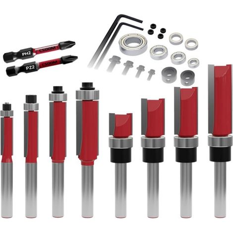 10 pièces Fraises à affleurer avec 2 embouts magnétiques à frapper, 6 roulements, 2 clés, Set de fraises à affleurer à queue de 8mm,Fraises en carbure, outils pour le travail du bois