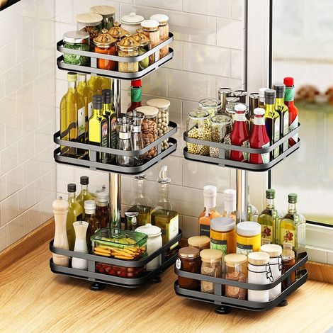 Etagère à épices rotative 43,5 cm – Support carré 2 niveaux en métal noir – Ventouses pour stabilité – Montage facile sans outils (1/5)
