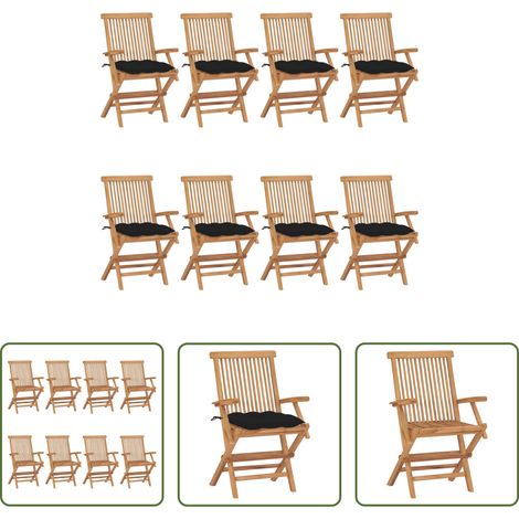 Teakholz - Gartenstühle mit Schwarzen Kissen 8 Stk. Massivholz Teak (1/5)