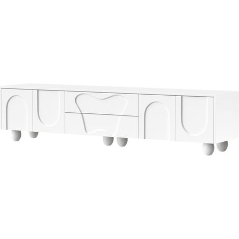 Mueble TV blanco de 180 cm con patas de madera natural y amplio espacio de almacenamiento (1/5)