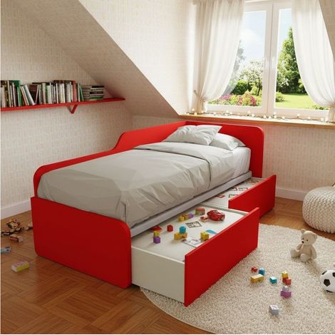Letto singolo 80x190 con cassetti - Pratico e salvaspazio per camerette e stanzette - Rosso
