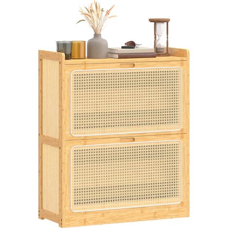 Meuble à chaussures 14 paires, armoire à chaussures 2 tiroirs rabattables, étagères réglables, 69x29x83cm, bois naturel (1/5)