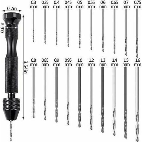21 Pièces Ensemble de Pin Vise Comprend Perceuse à Main Pin Vise et 20 Pièces Mini Forets Hélicoïdaux (0,3 à 1,6 mm) pour Diy Bois Argile Résine Moulage Fabrication de Pendentif Bijoux (1/5)