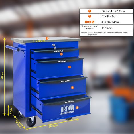 Chariot d'atelier 4 tiroirs avec roulettes, meuble roulant en métal pour rangement, garage, garage auto, entrepôt et atelier de réparation – plan de travail en acier inoxydable – bleu (1/5)