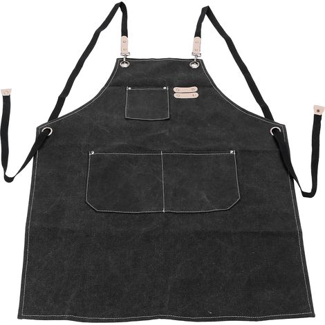 Tablier de cuisine en toile de coton noir, réglable, croisé dans le dos, avec poches, pour cuisiner et travailler. (1/5)