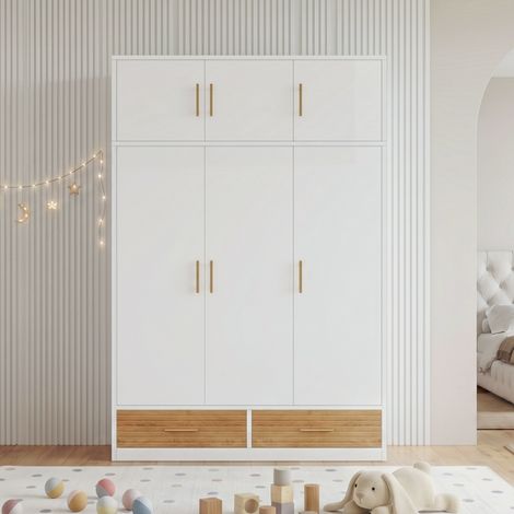 Armoire dressing 3 portes 120x50x180 cm avec penderie,étagères et 2 tiroirs effet bois,charnières amorties,blanc (1/5)