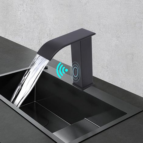 Automatischer Wasserhahn mit Infrarotsensor, automatischer Waschtischarmatur, Kalt- und Warmwasser, mit Infrarotsensor, Badarmatur mit Infrarotsensor, Schwarz