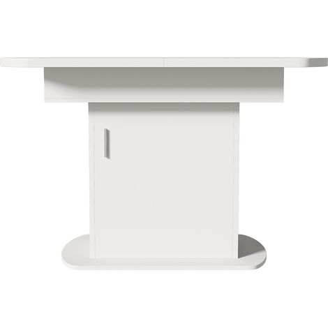 Table ovale extensible L110/130 x P70 x H75 cm, avec rangement intégré, design minimaliste moderne, gain de place – blanc et poignées argentées (1/4)