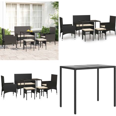 Set Mobili da Giardino 6 pz con Cuscini in Polyrattan Nero - Tavolo da giardino - Sedie da giardino