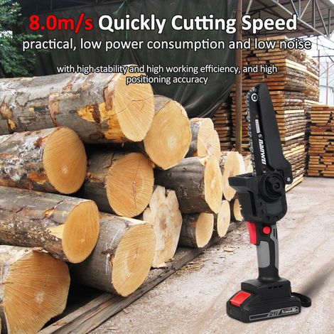 Mini tronçonneuse 15 cm avec batterie 21 V 2000 mAh, portable et sans fil, double verrouillage de sécurité, idéale pour la coupe du bois, l'élagage, le bricolage, le jardinage et le camping. (1/3)