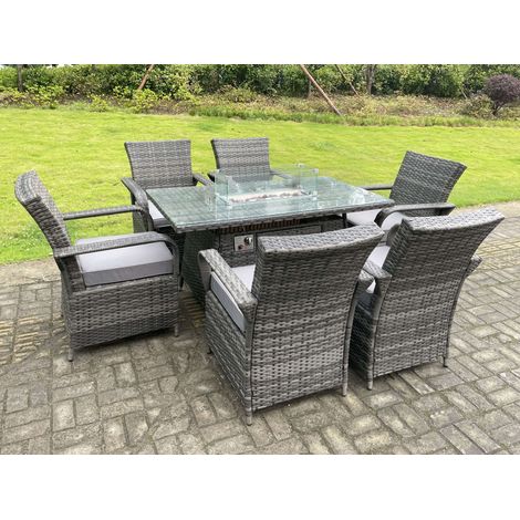 Fimous Rattan Gartenmöbel Gas Feuer Grube Rechteck Runder Esstisch Und Esszimmer Stühle 6 Sitzer für Rechteckige Tabelle (1/5)