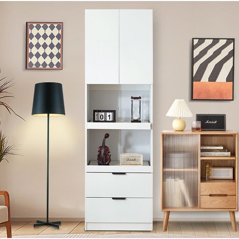 Buffet 59,5x45x200 cm en bois blanc, avec rangement pour cuisine et salle à manger FloraGrace (1/5)