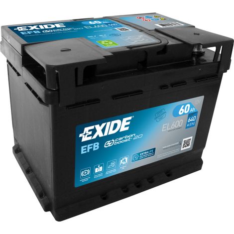 Exide – Batterie de voiture EFB 12V 60Ah 640A – Compatible Start Stop – Polarité + à droite – Dimensions 242x175x190mm (1/4)