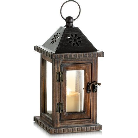 Lanterne bougie en bois vintage 28cm – Décoration intérieure et extérieure – Compatible bougies piliers 6x10cm – Design rustique marron (1/5)