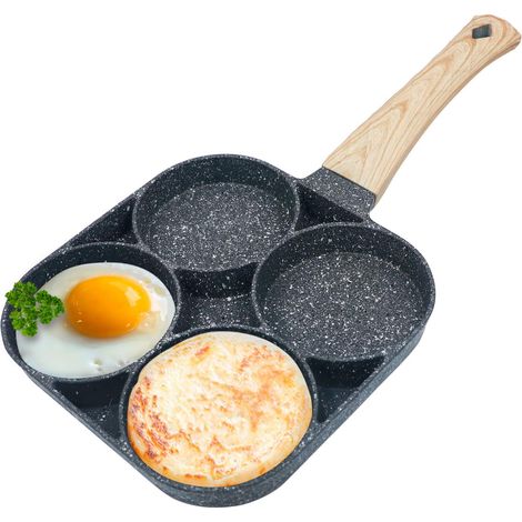 Poêle à omelette antiadhésive en pierre médicale, 4 parts, poignée bakélite bois, compatible gaz et induction, revêtement marbré, cuisson saine sans huile, nettoyage facile, robuste et durable. (1/5)
