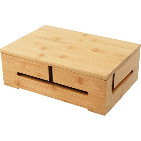 Relaxdays cable box, cable management & ventilation, HxWxD 11 x 32 x 22 cm, hide cables, bamboo, natural