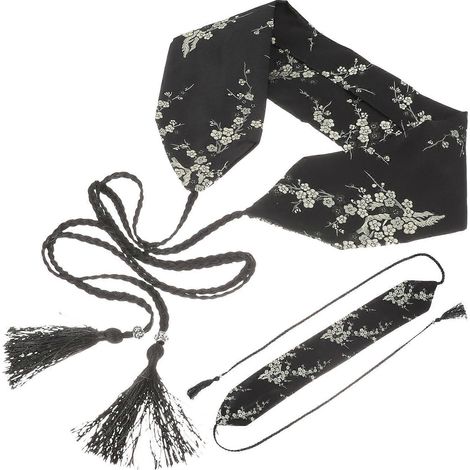 Ceinture large chinoise Hanfu, style japonais, brodée, avec pompon-230x10cm-Black (1/3)