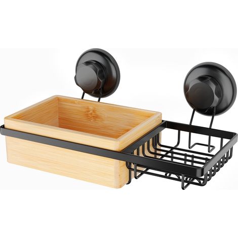 Etagère Avec Porte Savon Intégré 2 Ventouses Bambou Naturel - Compactor (1/5)